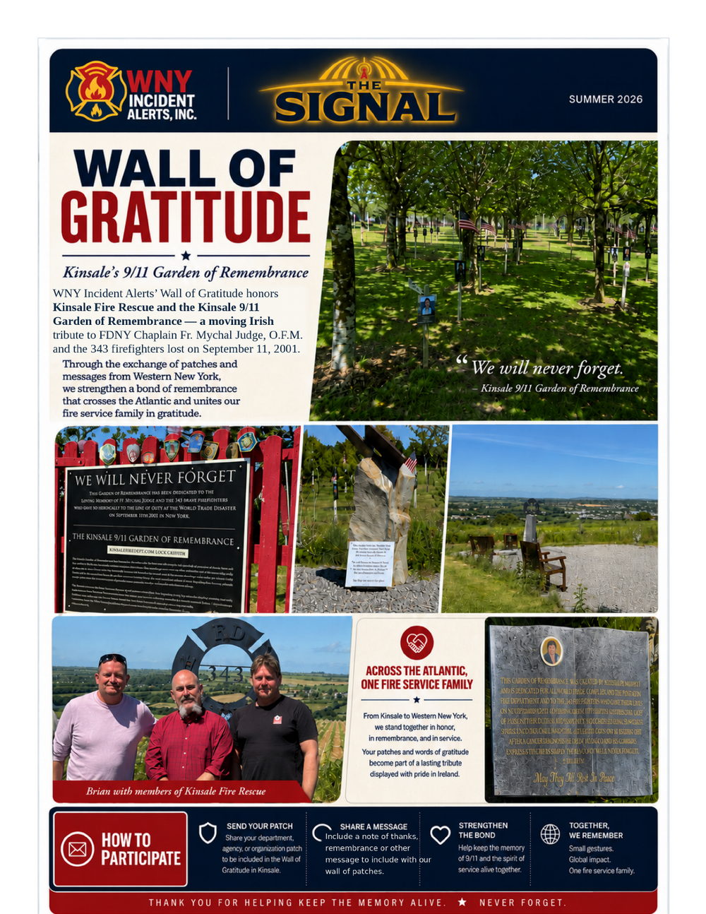 The Signal Summer 2026 cover: Wall of Gratitude and Kinsale 9/11 Garden of Remembrance.