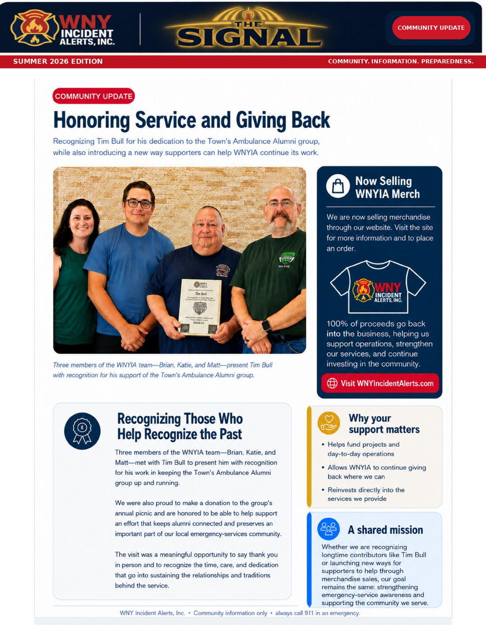 Community update: honoring Tim Bull and announcing WNYIA merchandise.